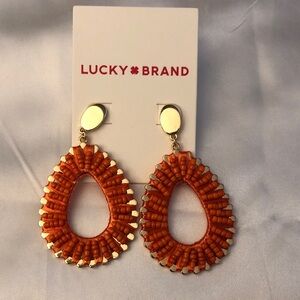 Lucky Brand Gold Tone & Woven Orange Raffia Teardrop Shaped Drop Earrings NWT